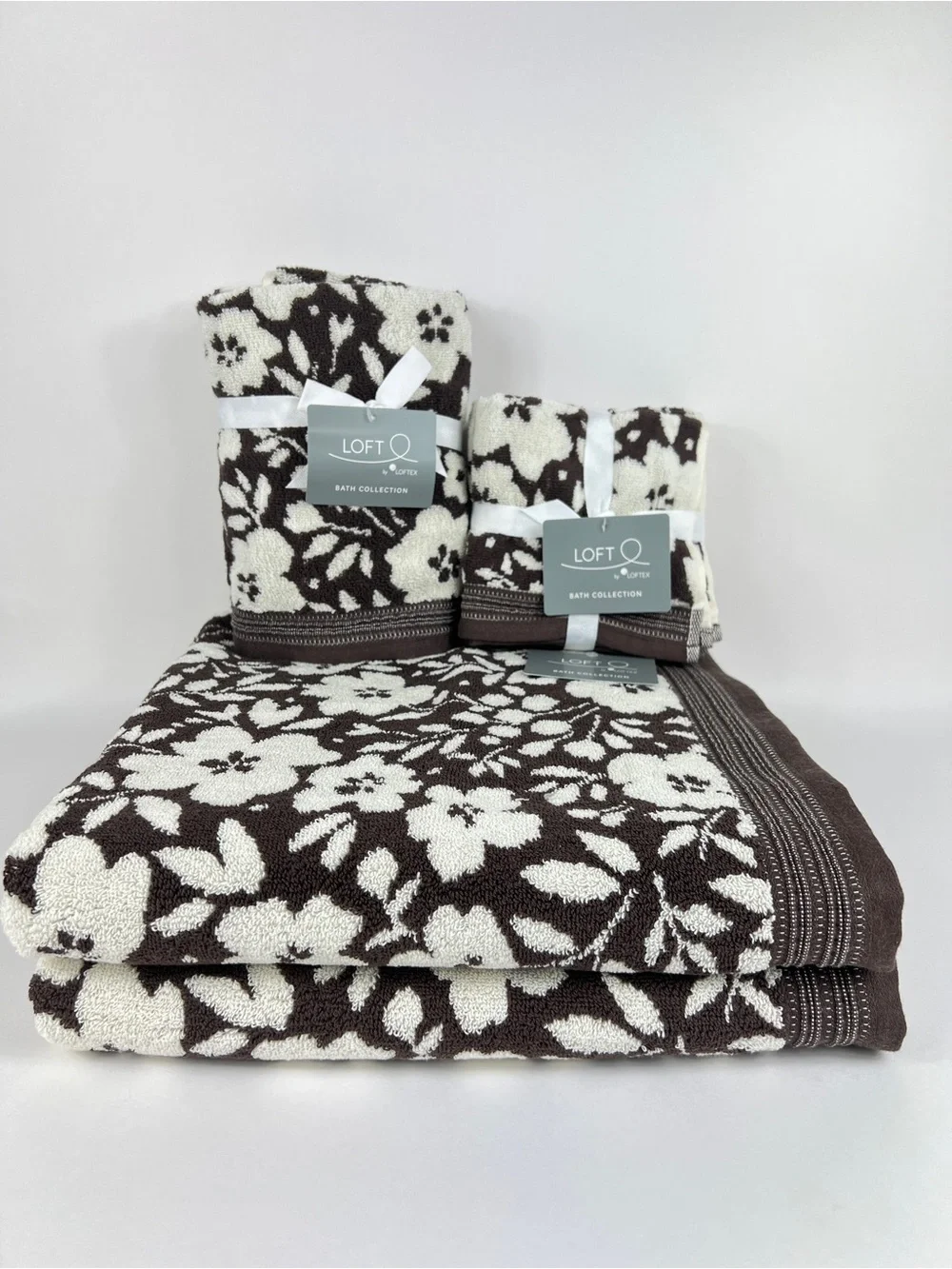 Loft by Loftex Bath Towel Set Bold Floral Brown Cream Soft 100% Cotton 8 Pc NEW